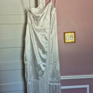 White Damask Asymmetrical Fringe Dress